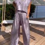 Casual shiny women's vest and wide leg pants set