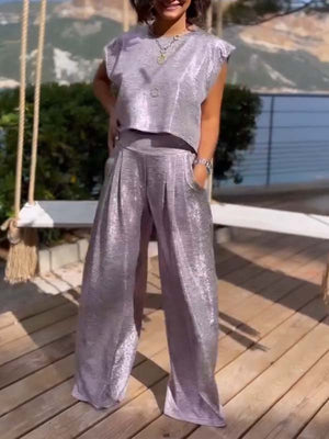 Casual shiny women's vest and wide leg pants set