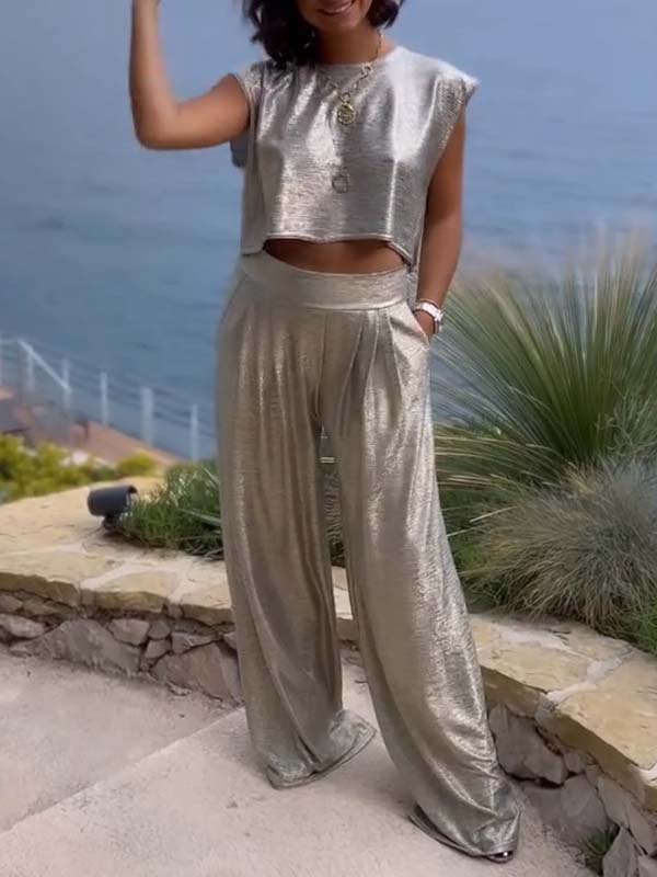 Casual shiny women's vest and wide leg pants set