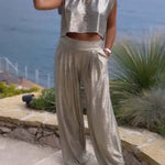 Casual shiny women's vest and wide leg pants set