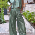 Casual shiny women's vest and wide leg pants set