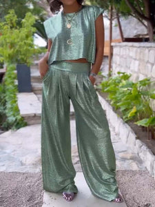 Casual shiny women's vest and wide leg pants set